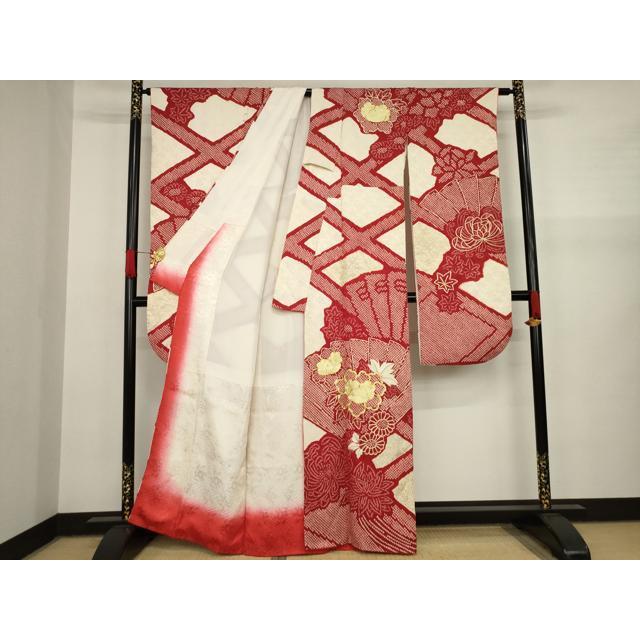 平和屋着物○豪華振袖 総絞り 駒刺繍 扇面花文 金彩 正絹 逸品 