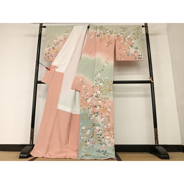 平和屋着物●十日町友禅作家　松雨　訪問着　枝花文　暈し染め　金銀彩　ロング丈　正絹　逸品　AAAY6475zg 平和屋着物○十日町友禅作家 松雨 訪問着 枝花文 暈し