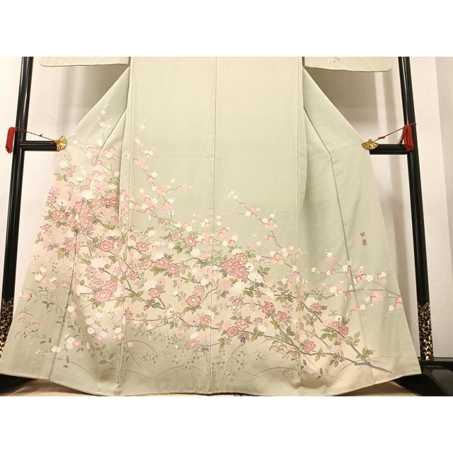 平和屋着物●京加賀友禅　百貫達雄　訪問着　枝花文　正絹　逸品　CAAZ1054vf 平和屋着物○京加賀友禅 百貫達雄 訪問着 枝花文 正絹 逸品 AAAY8627ph