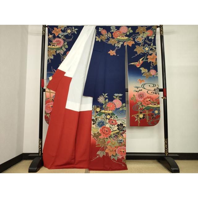 平和屋着物●手ざし京紅型染・宮崎紅型　宮崎良次　振袖　風景花鳥文　暈し染め　正絹　逸品　AAAY9001ck 平和屋着物○手ざし京紅型染・宮崎紅型 宮崎良次 振袖 風景花鳥文 暈し