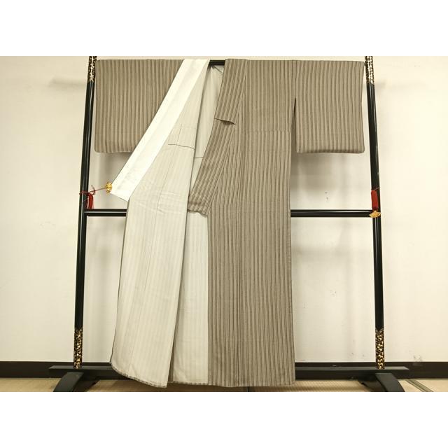 平和屋着物▽上質な紬 単衣 縞 正絹 逸品 AAAZ9055fy