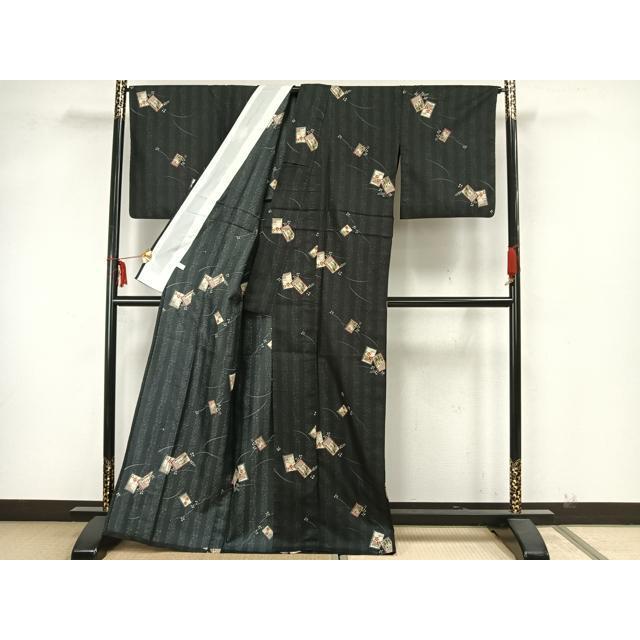 平和屋着物▽小紋 単衣 色紙草花文 黒地 洗える着物 AAAZ1532fy