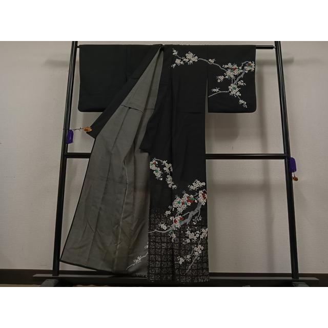 平和屋着物▽訪問着 単衣 桜 黒地 銀彩 洗える着物 AAAZ3972jh : 平和