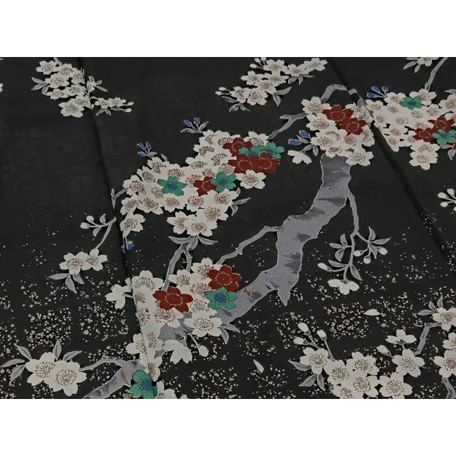 平和屋着物▽訪問着 単衣 桜 黒地 銀彩 洗える着物 AAAZ3972jh : 平和