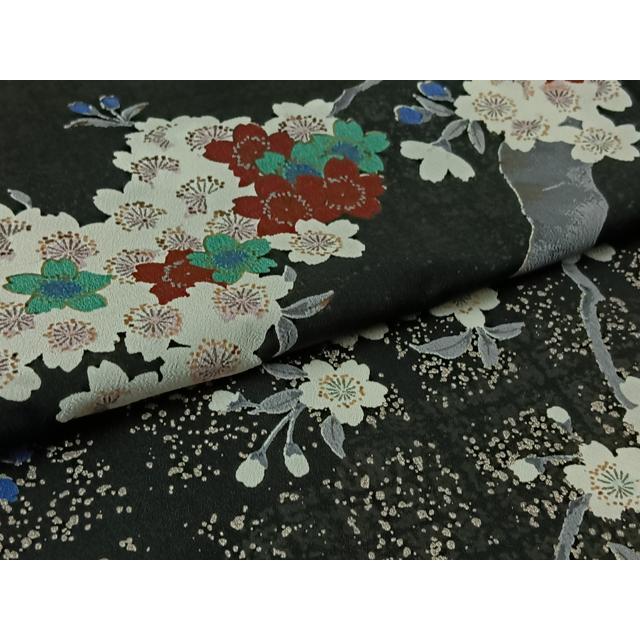 平和屋着物▽訪問着 単衣 桜 黒地 銀彩 洗える着物 AAAZ3972jh : 平和