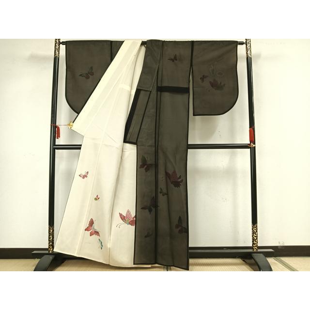 平和屋着物▽訪問着　無双　紗袷　紗×絽　舞蝶文　正絹　逸品　AAAZ9049fy