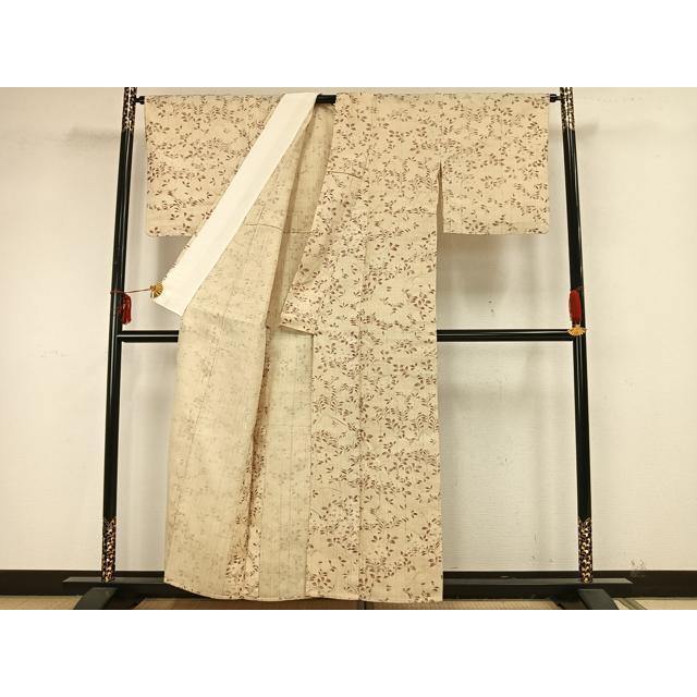 平和屋着物▽上質な紬　生紬　単衣　草花文　正絹　逸品　AAAZ9339fy