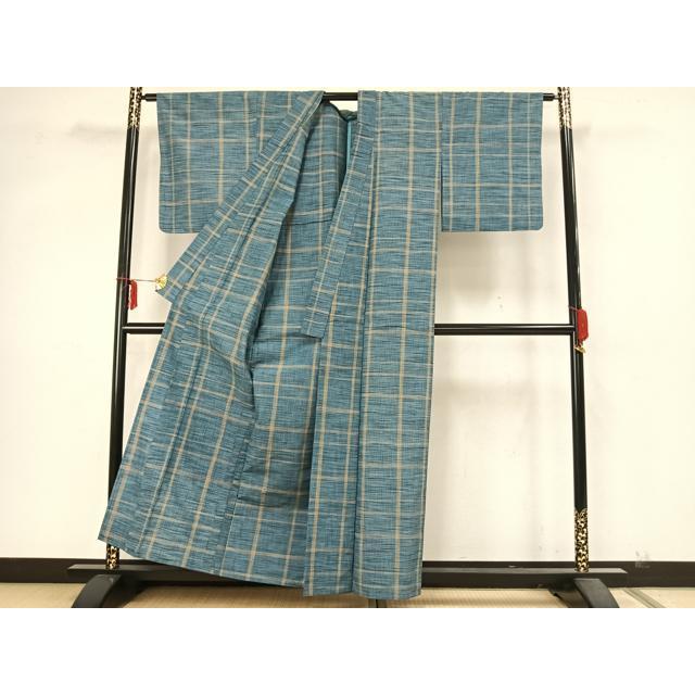 平和屋着物▽上質な紬　単衣　格子　正絹　逸品　未使用　AAAZ9668fy