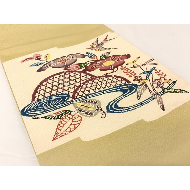 平和屋着物●本場琉球紅型　伊差川洋子　九寸開き名古屋帯　流水花鳥文　正絹　逸品　AABA2561np 平和屋着物○本場琉球紅型 伊差川洋子 九寸開き名古屋帯 流水花鳥文