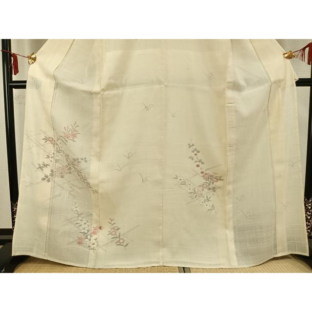 平和屋着物▽訪問着 単衣 生紬 手描き 草花文 正絹 逸品 AABA7585fy