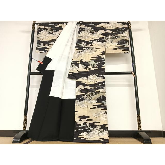平和屋着物●染織の名門　しょうざん 生紬　松竹梅飛鳥文　黒地　正絹　逸品　AABA8864zg_1
