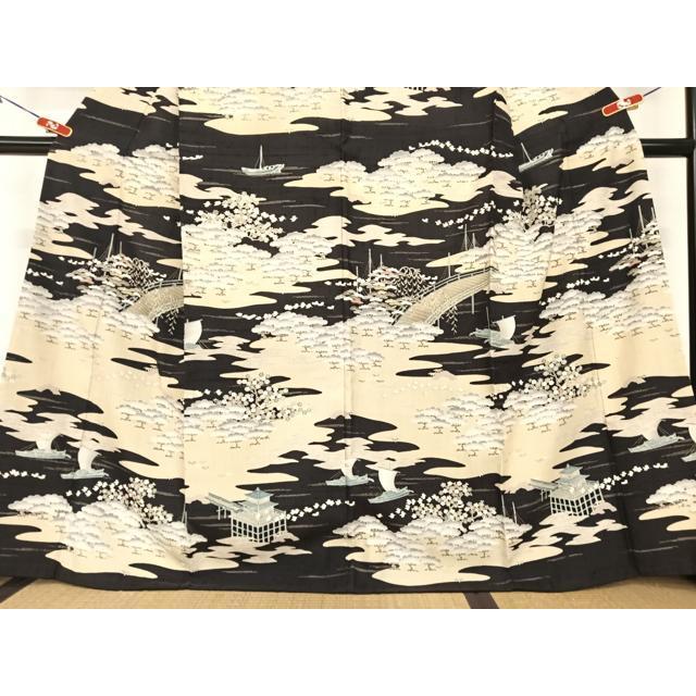 平和屋着物●染織の名門　しょうざん 生紬　松竹梅飛鳥文　黒地　正絹　逸品　AABA8864zg_2