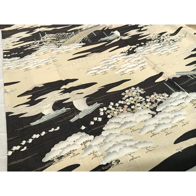 平和屋着物●染織の名門　しょうざん 生紬　松竹梅飛鳥文　黒地　正絹　逸品　AABA8864zg_3