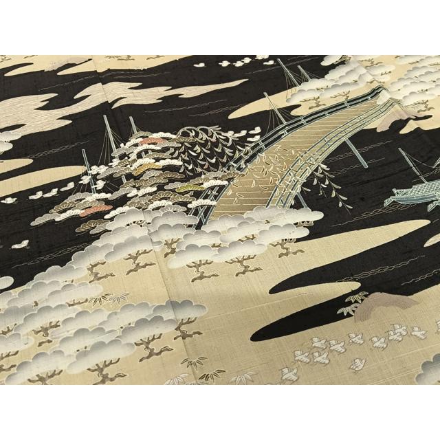 平和屋着物●染織の名門　しょうざん 生紬　松竹梅飛鳥文　黒地　正絹　逸品　AABA8864zg_4