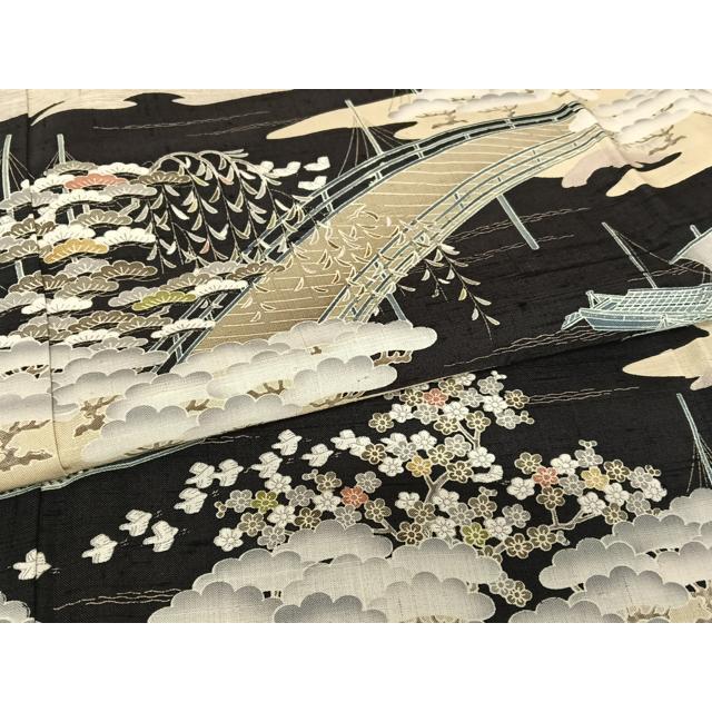 平和屋着物●染織の名門　しょうざん 生紬　松竹梅飛鳥文　黒地　正絹　逸品　AABA8864zg_5