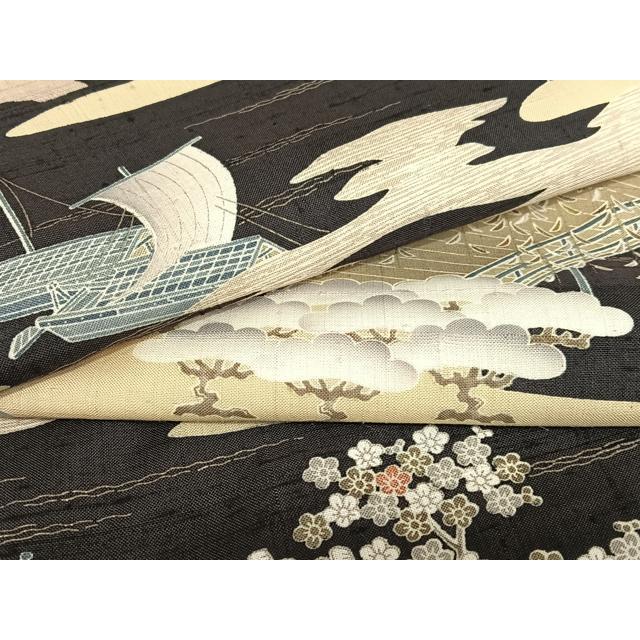 平和屋着物●染織の名門　しょうざん 生紬　松竹梅飛鳥文　黒地　正絹　逸品　AABA8864zg_8