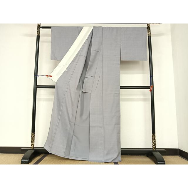 平和屋着物▽本場結城紬 重要無形文化財 単衣 色無地 薄鼠色 証紙付き