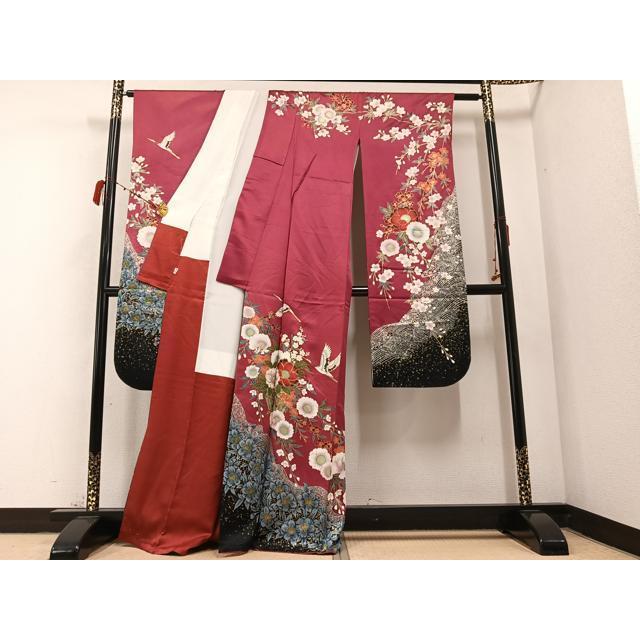 平和屋着物○豪華振袖 群れ鶴草花文 金彩 鈴乃屋扱い 正絹 逸品 AABB2953ph