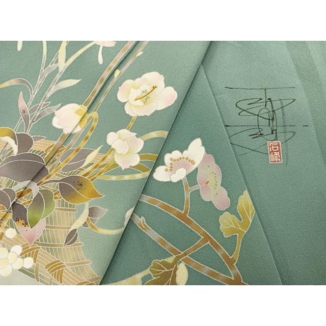 平和屋着物●京加賀友禅　百貫達雄　色無地　草花地紋　灰桜色　正絹　逸品　未使用　AABF5947fy 平和屋着物○京加賀友禅 百貫石峰 訪問着 枝花文 暈し染め 正絹 逸品