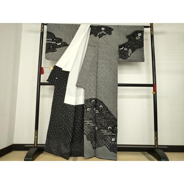 平和屋着物○訪問着 総絞り 吉祥花文 黒地 正絹 逸品 AABB7305ck