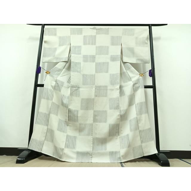 平和屋着物▽お召　単衣　市松文　正絹　逸品　AABB7755jh