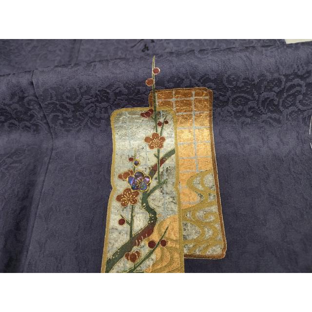 平和屋着物○螺鈿作家 甲斐泰造 色無地 螺鈿 花唐草地紋 濃鼠色 金彩