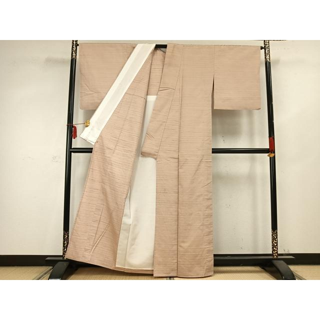 平和屋着物▽紅花紬　米沢　単衣　横縞　三越扱い　正絹　逸品　AABC0528fy