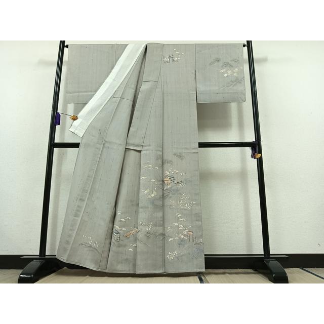 平和屋着物▽訪問着　単衣　生紬　手描き　風景文　正絹　逸品　AABC0711jh