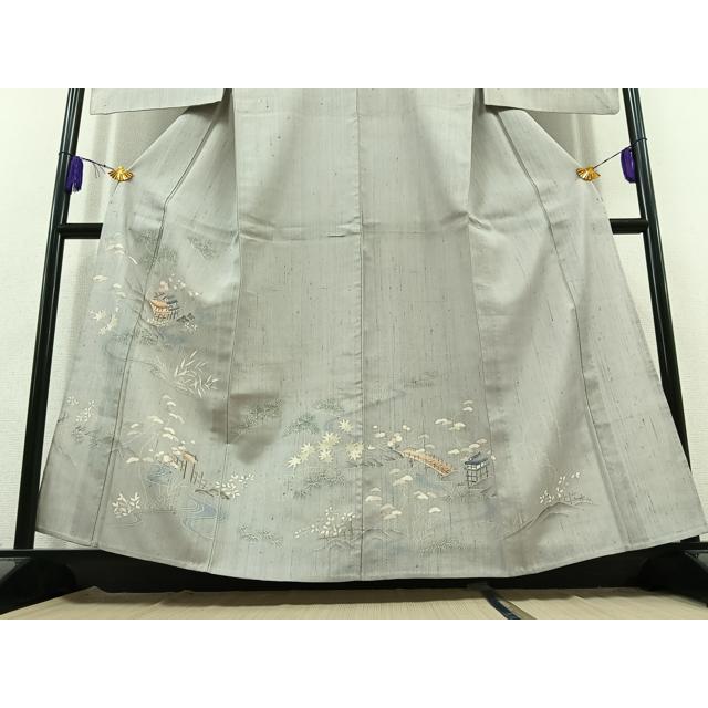 平和屋着物▽訪問着　単衣　生紬　手描き　風景文　正絹　逸品　AABC0711jh