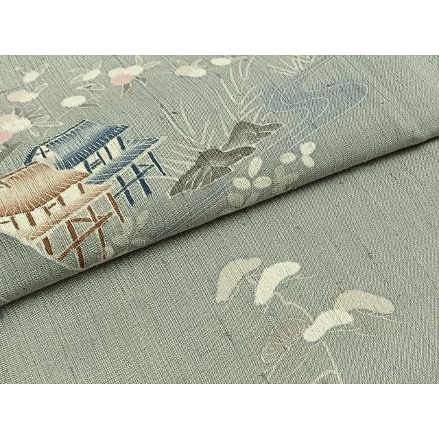平和屋着物▽訪問着　単衣　生紬　手描き　風景文　正絹　逸品　AABC0711jh