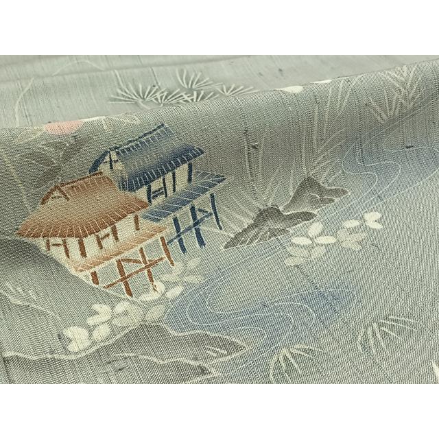 平和屋着物▽訪問着　単衣　生紬　手描き　風景文　正絹　逸品　AABC0711jh