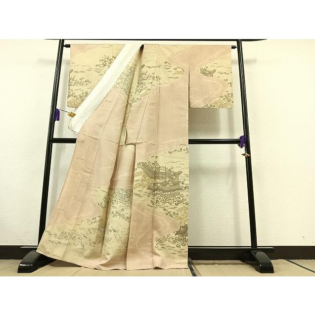 平和屋着物▽訪問着　単衣　紬地　絞り　風景松竹梅文　金彩　正絹　逸品　AABC0712jh 平和屋着物▽訪問着 単衣 紬地 絞り 風景松竹梅文 金彩 正絹 逸品