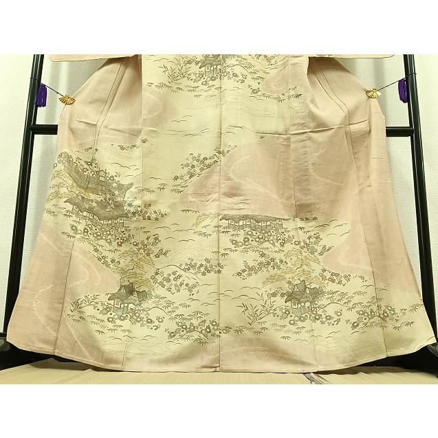 平和屋着物▽訪問着　単衣　紬地　絞り　風景松竹梅文　金彩　正絹　逸品　AABC0712jh 平和屋着物▽訪問着 単衣 紬地 絞り 風景松竹梅文 金彩 正絹 逸品