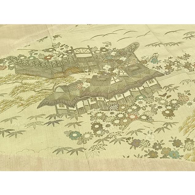 平和屋着物▽訪問着　単衣　紬地　絞り　風景松竹梅文　金彩　正絹　逸品　AABC0712jh 平和屋着物▽訪問着 単衣 紬地 絞り 風景松竹梅文 金彩 正絹 逸品