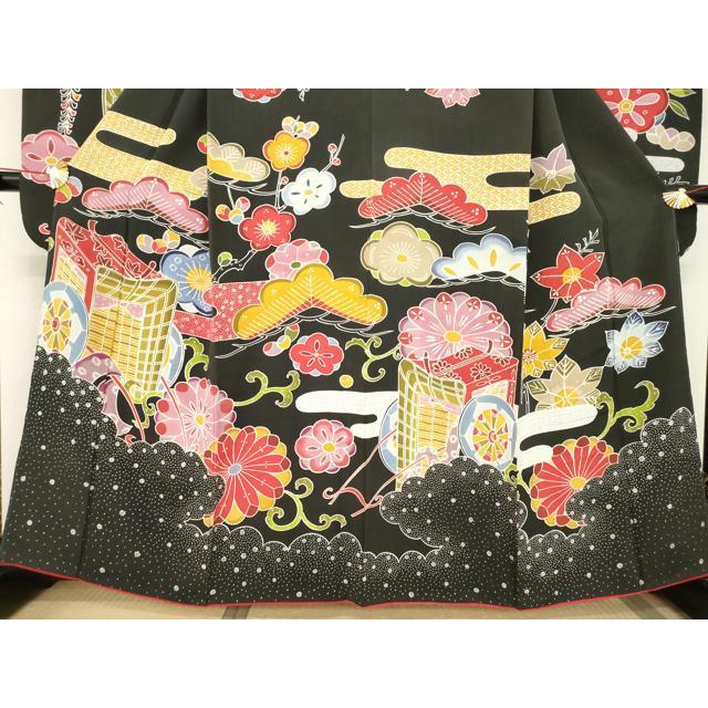 平和屋着物●紅型　振袖　御所車吉祥文　黒地　正絹　逸品　AABC8120ck 平和屋着物○紅型 振袖 御所車吉祥文 黒地 正絹 逸品 AABC8120ck