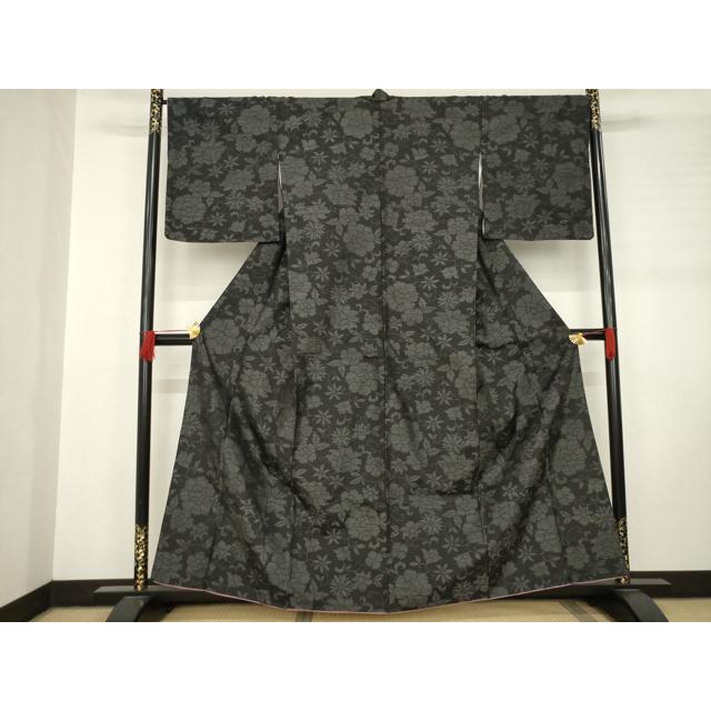 平和屋着物○本場大島紬 花唐草文 黒地 正絹 逸品 AABC9456ck