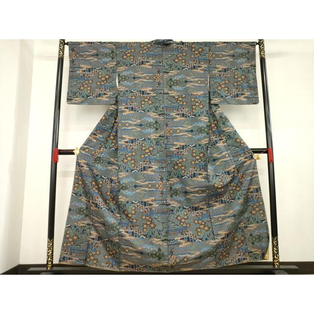 平和屋着物○本場大島紬 一元7マルキ 渡り橋風景文 正絹 逸品 AABD4380ck