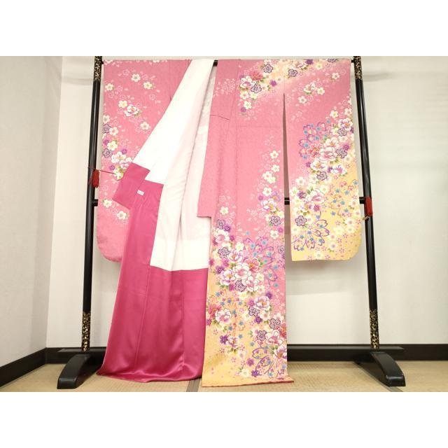 平和屋着物●豪華振袖　刺繍　舞花文　暈し染め　ロング丈　正絹　逸品　AABD7607ck 平和屋着物○豪華振袖 刺繍 舞花文 暈し染め ロング丈 正絹 逸品