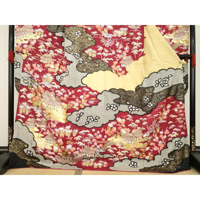 平和屋着物●豪華振袖　駒刺繍　風景花文　金彩　ロング丈　正絹　逸品　AABE7600ck 平和屋着物○豪華振袖 駒刺繍 風景花文 金彩 ロング丈 正絹 逸品