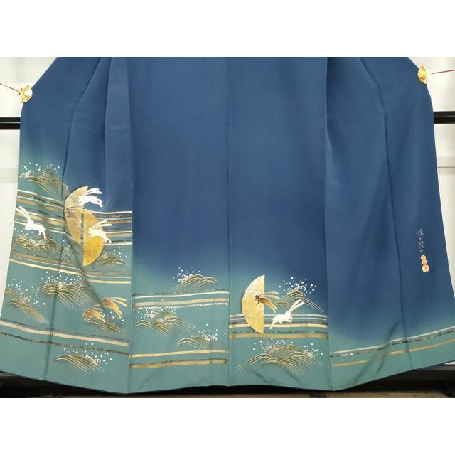平和屋着物●螺鈿作家　藤本隆士　訪問着　立波に飛び兎　暈し染め　金銀彩　正絹　逸品　AABE8599cs 平和屋着物○螺鈿作家 藤本隆士 訪問着 立波に飛び兎 暈し染め 金銀彩