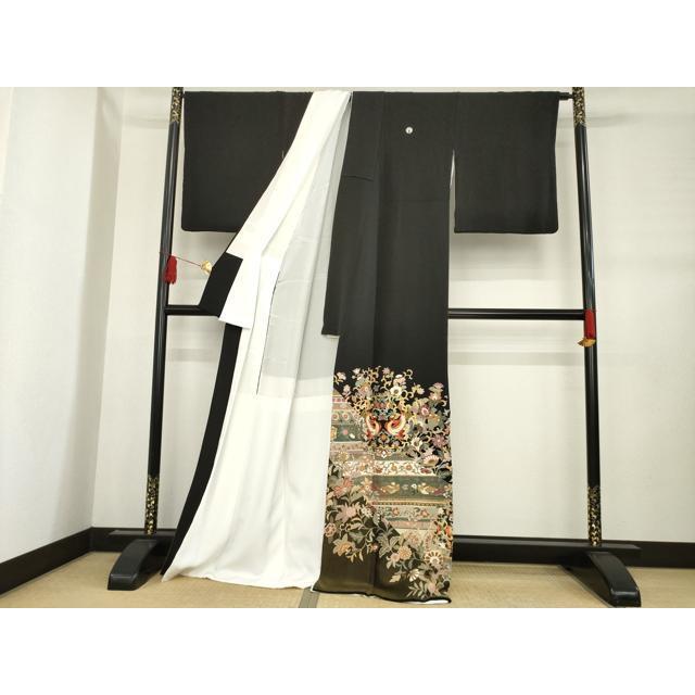 平和屋着物○豪華黒留袖 作家物 駒刺繍 向かい鳥更紗花文 金糸 正絹