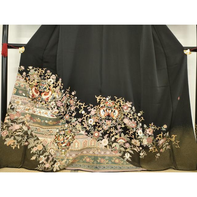 平和屋着物○豪華黒留袖 作家物 駒刺繍 向かい鳥更紗花文 金糸 正絹