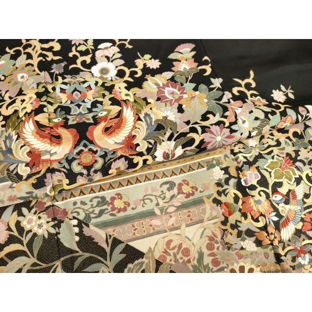 平和屋着物○豪華黒留袖 作家物 駒刺繍 向かい鳥更紗花文 金糸 正絹