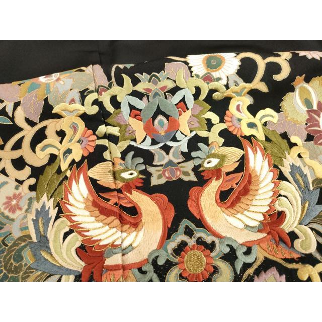 平和屋着物○豪華黒留袖 作家物 駒刺繍 向かい鳥更紗花文 金糸 正絹