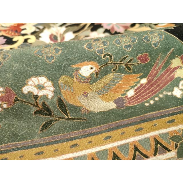 平和屋着物○豪華黒留袖 作家物 駒刺繍 向かい鳥更紗花文 金糸 正絹