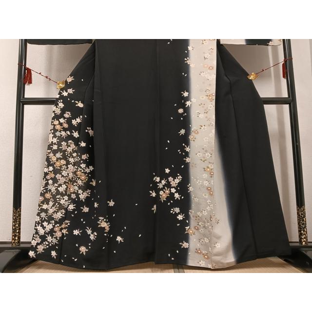 平和屋着物●訪問着　舞花文　暈し染め　黒地　金銀彩　正絹　逸品　AABF0002ph 平和屋着物○訪問着 舞花文 暈し染め 黒地 金銀彩 正絹 逸品