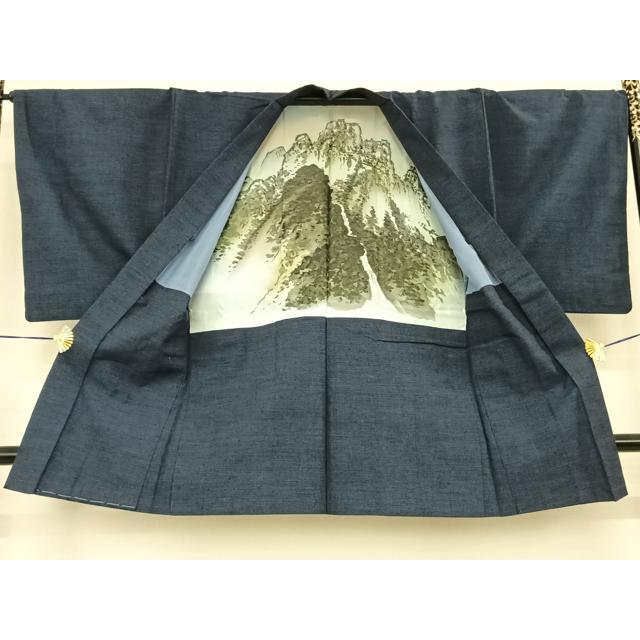 平和屋着物○男性 結城紬 アンサンブル 杢 紺色 正絹 逸品 AABF0320fy 