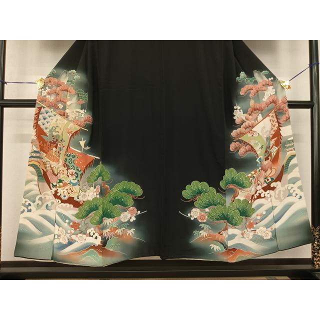 平和屋本店●極上　アンティーク　大正ロマン　お引きずり・お引き摺り　黒留袖　駒刺繍　霞枝花文　金彩　逸品　CYAA4993s6 平和屋本店○極上 アンティーク 大正ロマン お引きずり・お引き摺り 黒