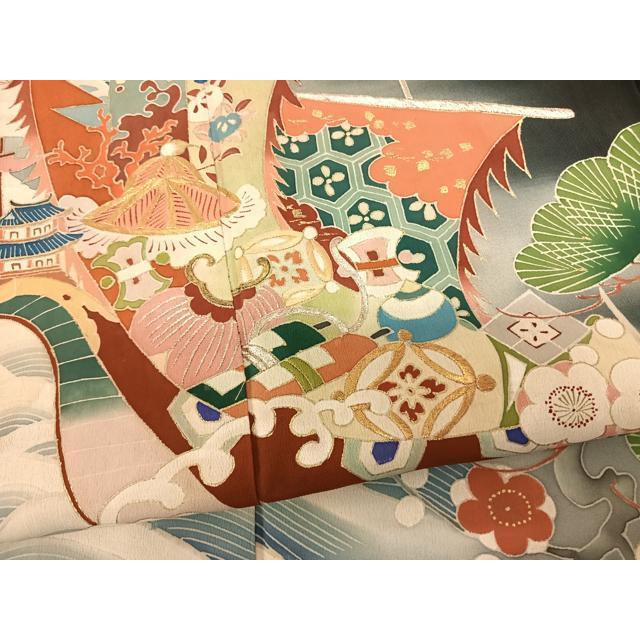平和屋着物●アンティーク　大正ロマン　黒留袖　刺繍　孔雀花文　金彩　正絹　逸品　CABD8930gh 平和屋着物○アンティーク 大正ロマン 黒留袖 刺繍 宝船 暈し染め 金