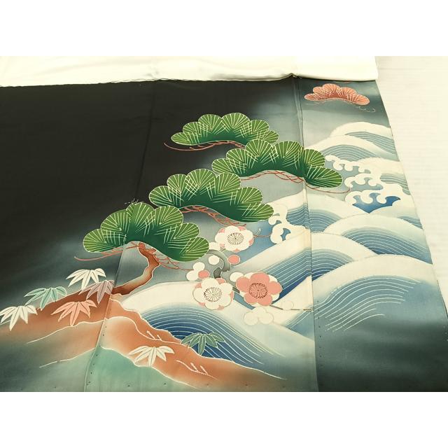平和屋着物●アンティーク　大正ロマン　黒留袖　扇面御所車草花文　正絹　逸品　DABC2931ud 平和屋着物○アンティーク 大正ロマン 黒留袖 刺繍 宝船 暈し染め 金